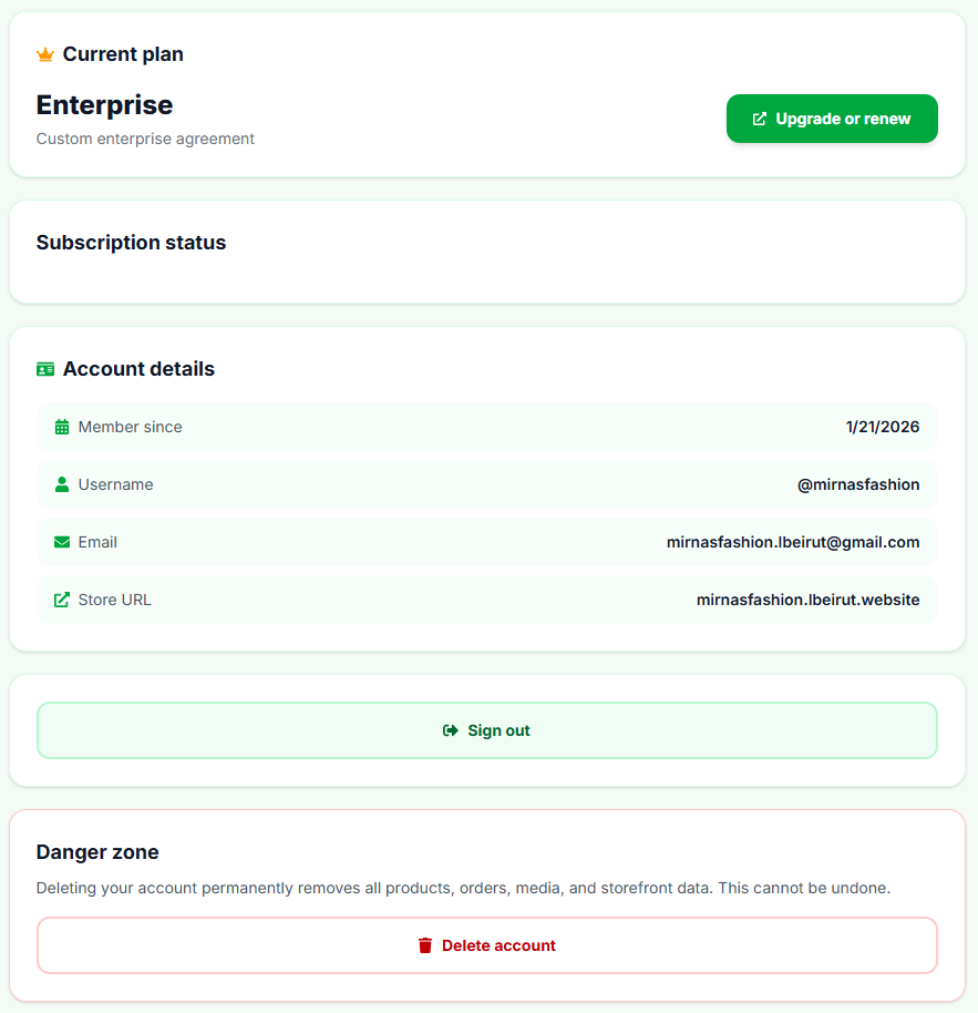 Account page: current plan, account details, Sign out, and Danger zone
