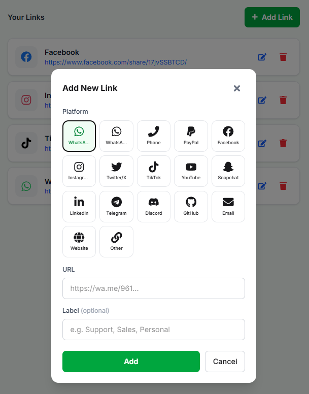 Add New Link modal with platform grid and Your Links list