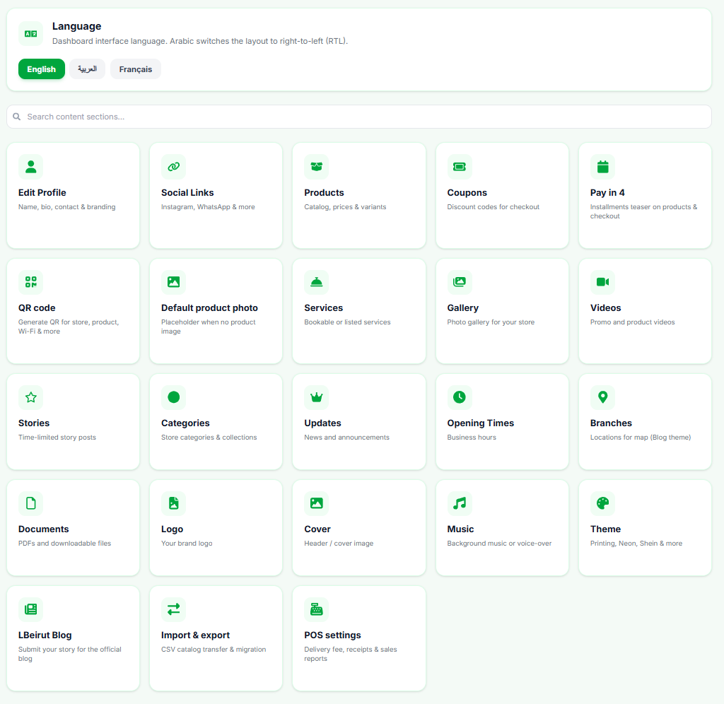 Content hub in English: language picker and settings card grid