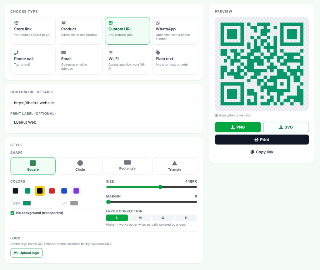 QR generator: type picker, style controls, and preview with PNG/SVG download