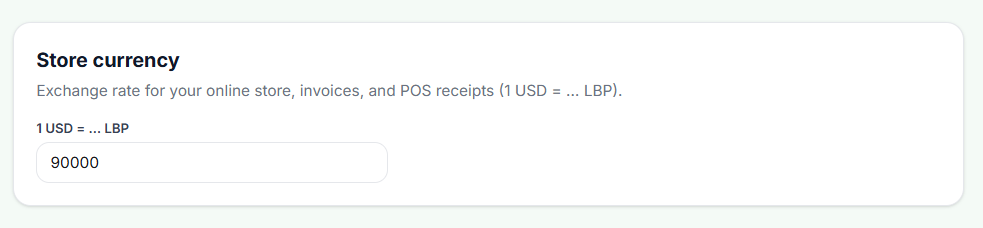 Store currency setting: 1 USD = ... LBP