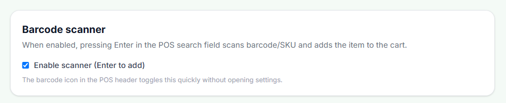 Barcode scanner setting: Enable scanner Enter to add