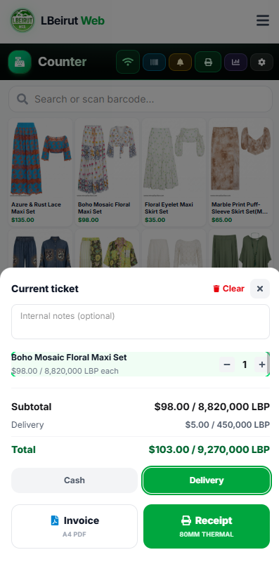 Phone POS: Current ticket modal with totals and pay actions