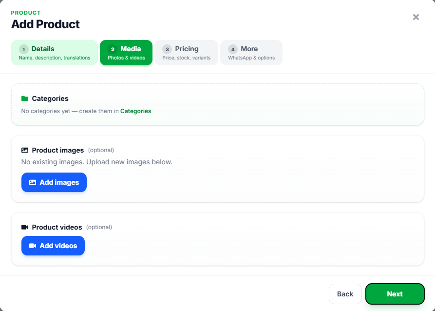 Add Product Media step with categories, images, and videos
